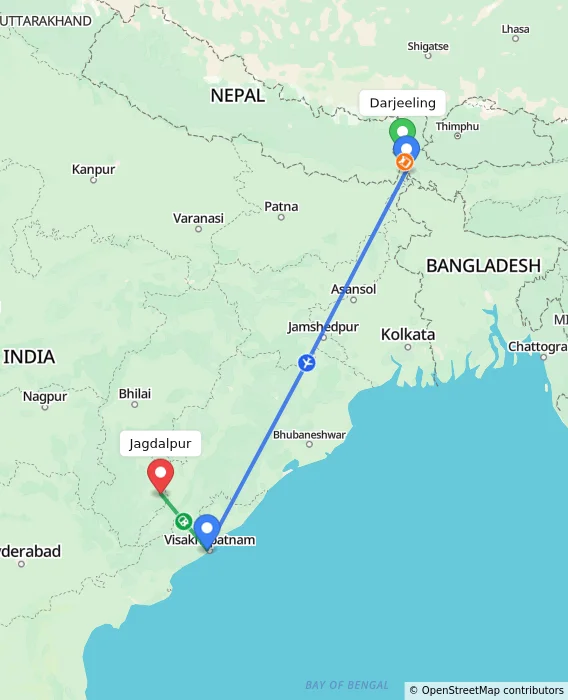 Route map showing distance and travel time from Darjeeling, India to Jagdalpur, India