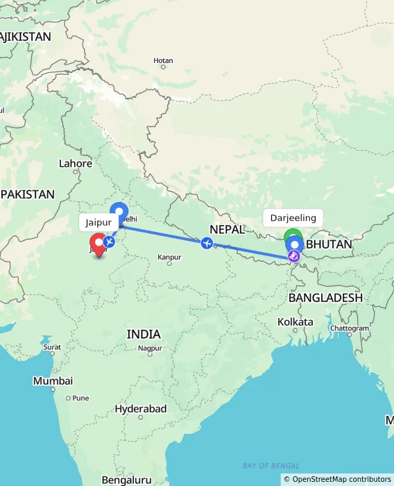 Route map showing distance and travel time from Darjeeling, India to Jaipur, India