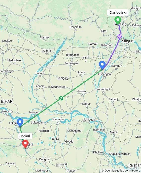 Route map showing distance and travel time from Darjeeling, India to Jamui, India