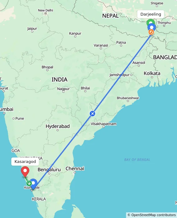 Route map showing distance and travel time from Darjeeling, India to Kasaragod, India