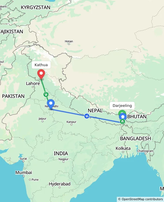 Route map showing distance and travel time from Darjeeling, India to Kathua, India