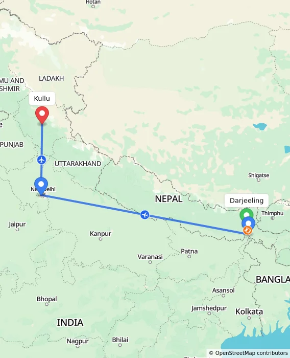 Route map showing distance and travel time from Darjeeling, India to Kullu, India