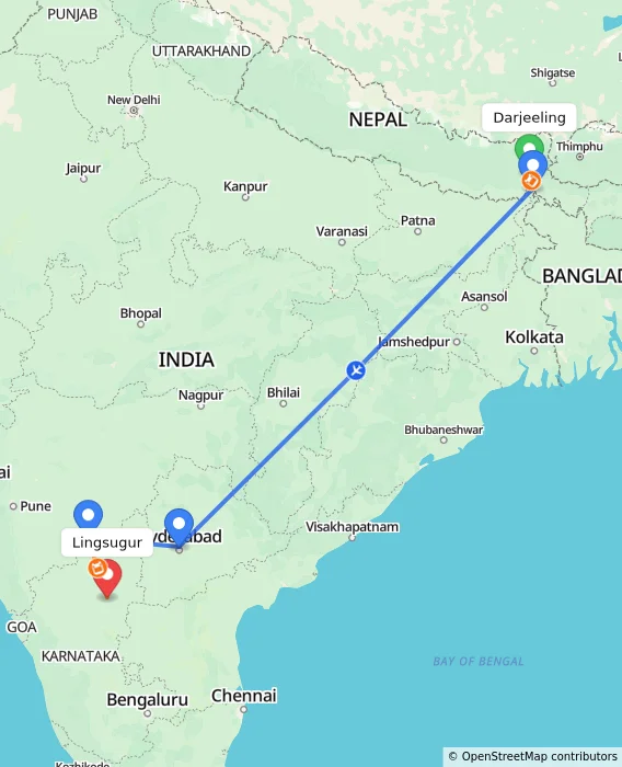 Route map showing distance and travel time from Darjeeling, India to Lingsugur, India