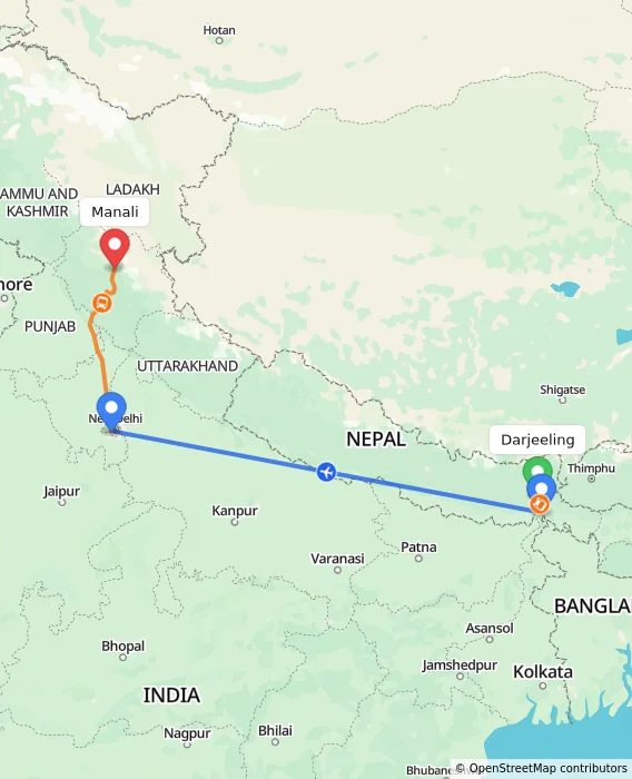 Route map showing distance and travel time from Darjeeling, India to Manali, India