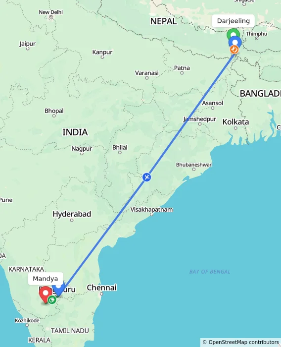 Route map showing distance and travel time from Darjeeling, India to Mandya, India