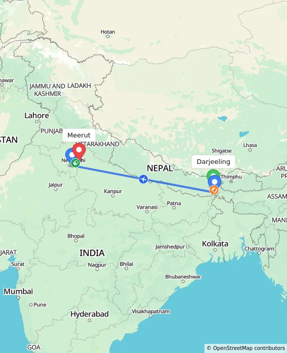 Route map showing distance and travel time from Darjeeling, India to Meerut, India