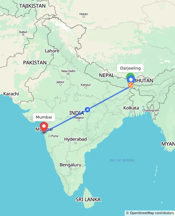 Route map showing distance and travel time from Darjeeling, India to Mumbai, India