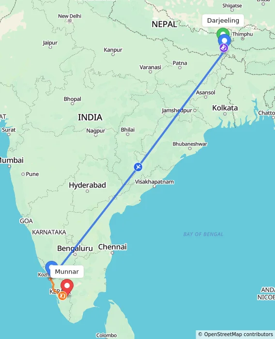 Route map showing distance and travel time from Darjeeling, India to Munnar, India