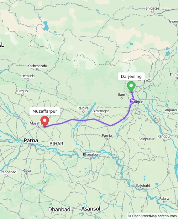 Route map showing distance and travel time from Darjeeling, India to Muzaffarpur, India