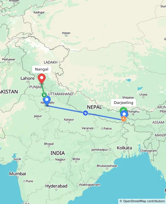 Route map showing distance and travel time from Darjeeling, India to Nangal, India