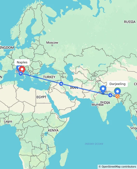 Route map showing distance and travel time from Darjeeling, India to Naples, Italy