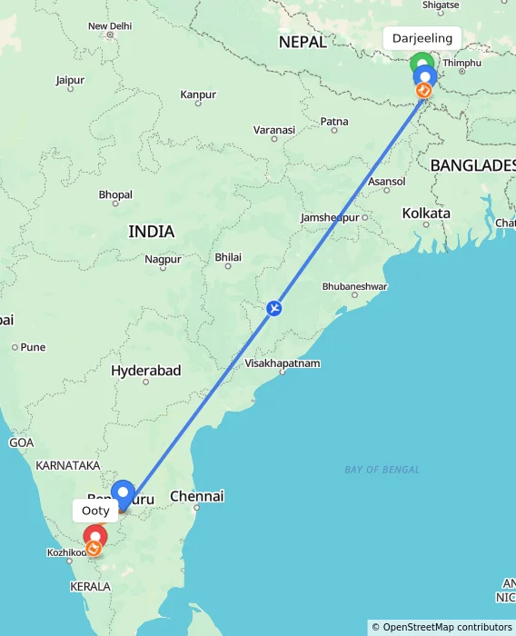 Route map showing distance and travel time from Darjeeling, India to Ooty, India