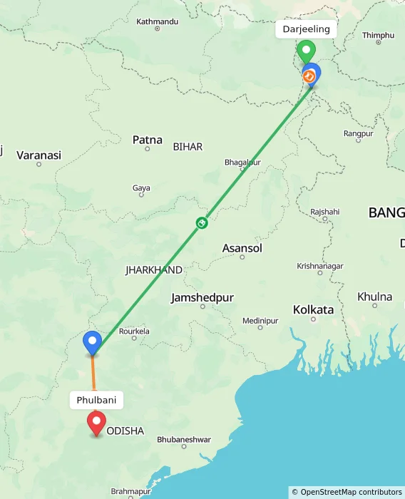 Route map showing distance and travel time from Darjeeling, India to Phulbani, India