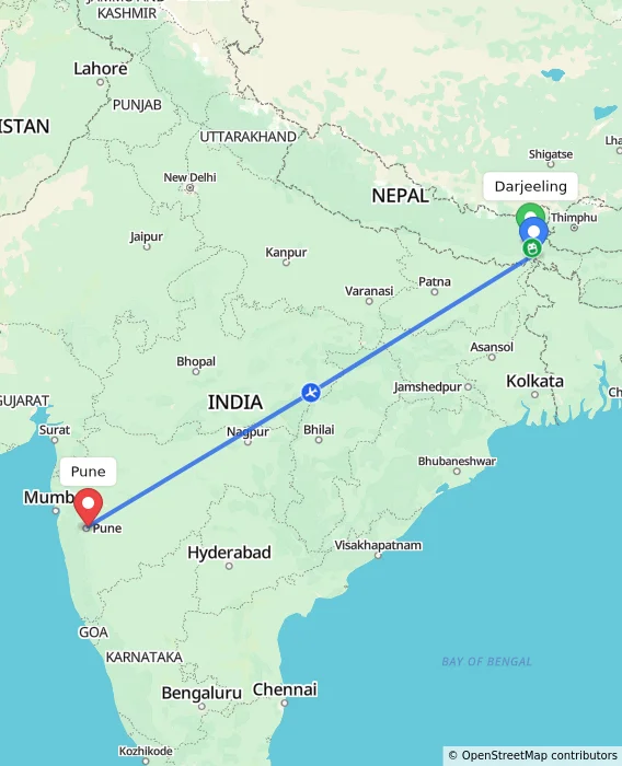 Route map showing distance and travel time from Darjeeling, India to Pune, India