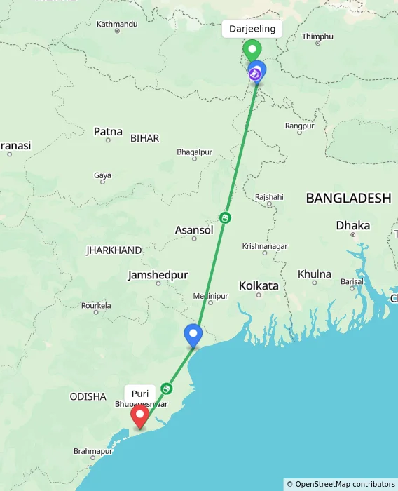 Route map showing distance and travel time from Darjeeling, India to Puri, India