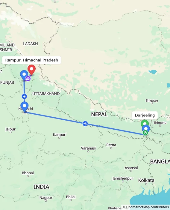 Route map showing distance and travel time from Darjeeling, India to Rampur, Himachal Pradesh, India