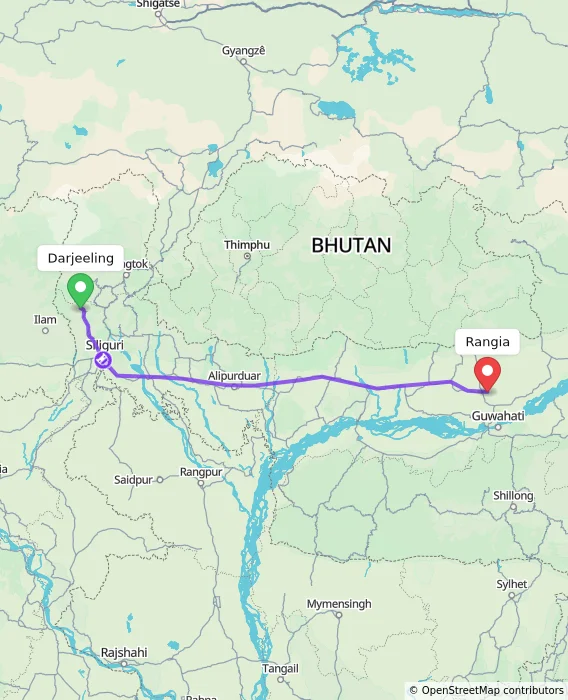 Route map showing distance and travel time from Darjeeling, India to Rangia, India