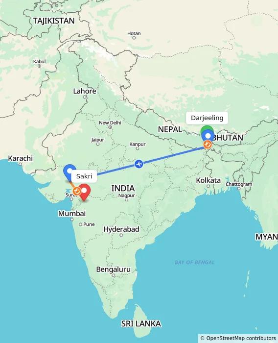 Route map showing distance and travel time from Darjeeling, India to Sakri, India