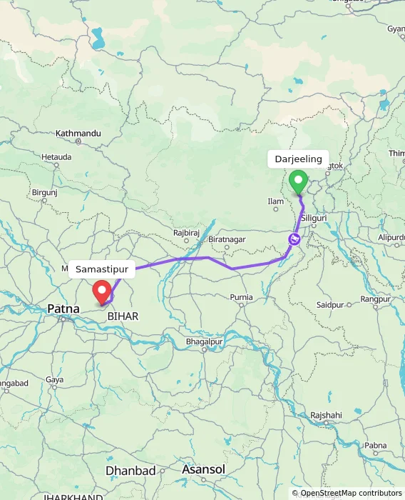 Route map showing distance and travel time from Darjeeling, India to Samastipur, India