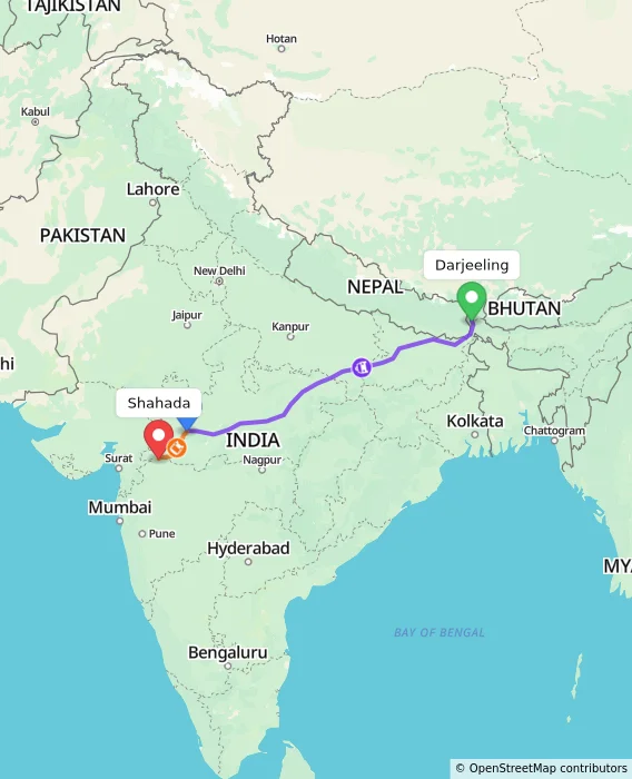 Route map showing distance and travel time from Darjeeling, India to Shahada, India