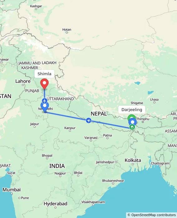 Route map showing distance and travel time from Darjeeling, India to Shimla, India
