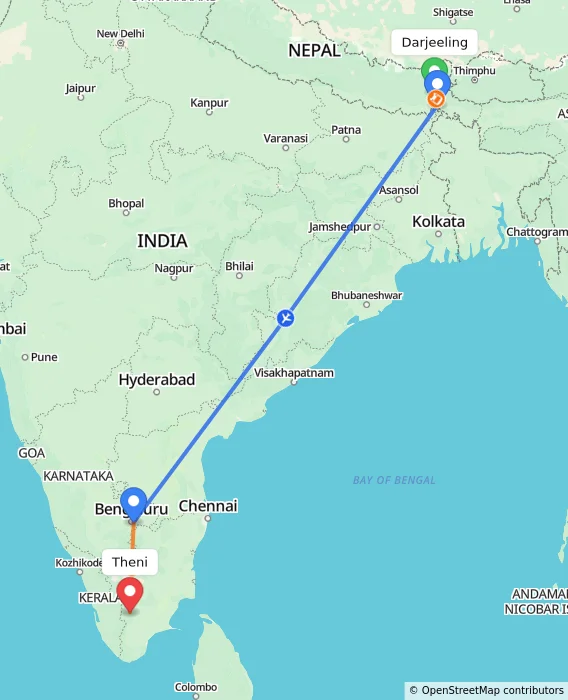 Route map showing distance and travel time from Darjeeling, India to Theni, India
