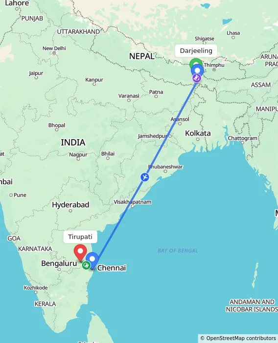 Route map showing distance and travel time from Darjeeling, India to Tirupati, India