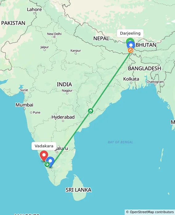 Route map showing distance and travel time from Darjeeling, India to Vadakara, India