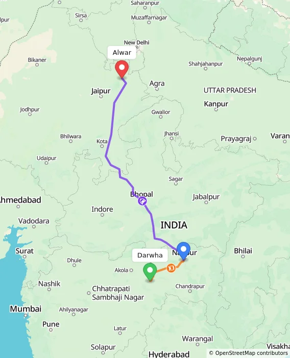 Route map showing distance and travel time from Darwha, India to Alwar, India