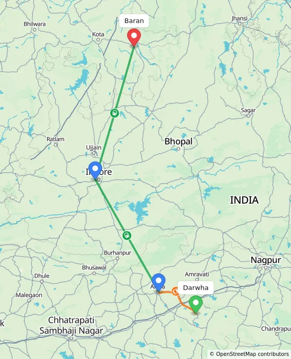 Route map showing distance and travel time from Darwha, India to Baran, India