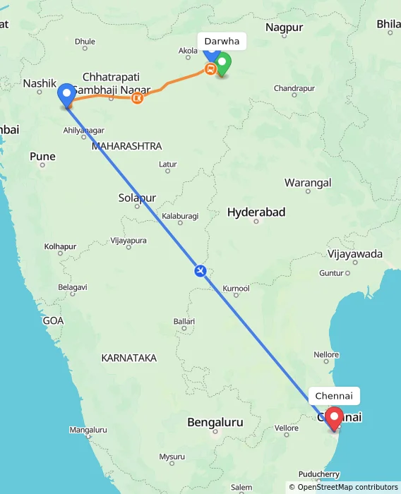 Route map showing distance and travel time from Darwha, India to Chennai, India