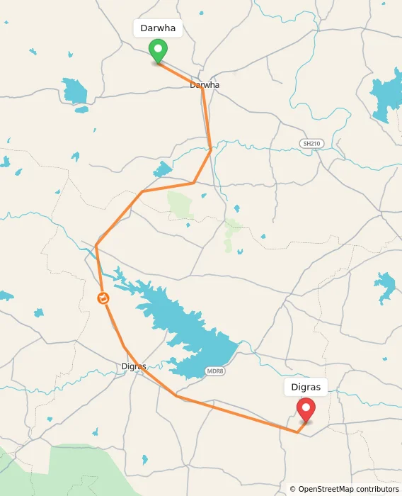 Route map showing distance and travel time from Darwha, India to Digras, India
