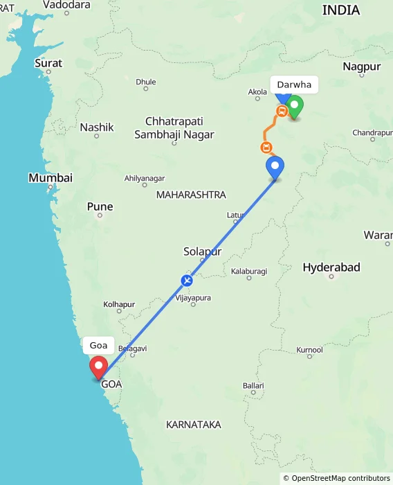 Route map showing distance and travel time from Darwha, India to Goa, India