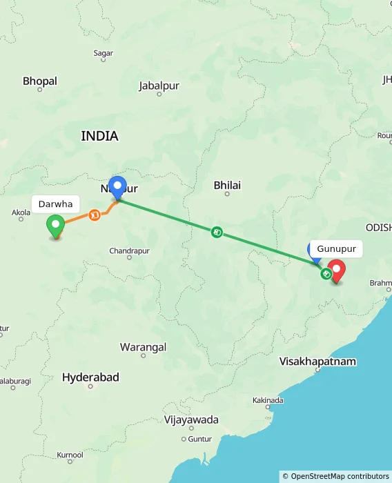 Route map showing distance and travel time from Darwha, India to Gunupur, India