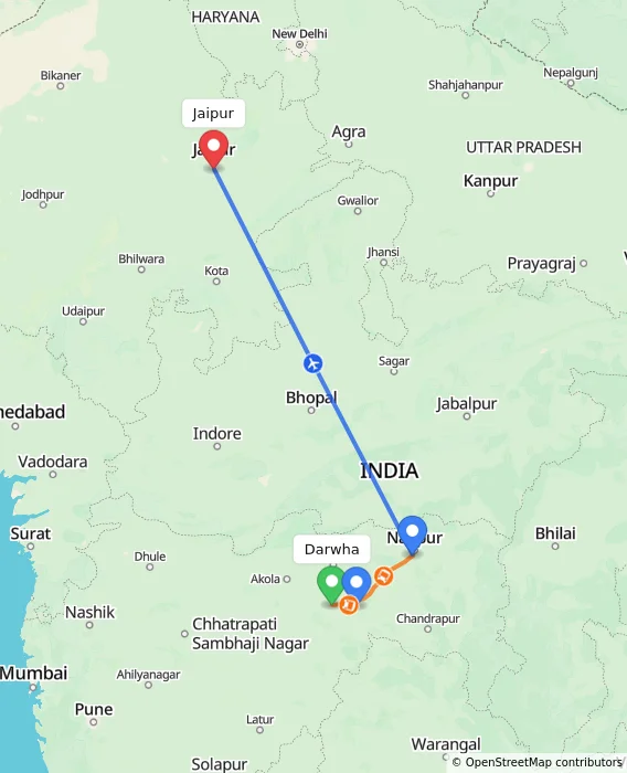 Route map showing distance and travel time from Darwha, India to Jaipur, India
