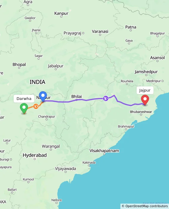 Route map showing distance and travel time from Darwha, India to Jajpur, India