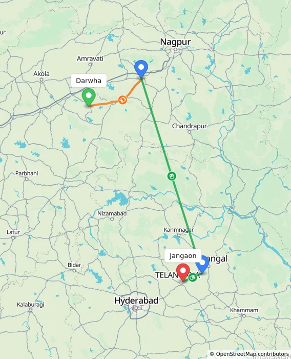 Route map showing distance and travel time from Darwha, India to Jangaon, India