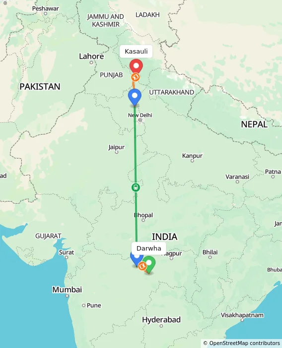 Route map showing distance and travel time from Darwha, India to Kasauli, India