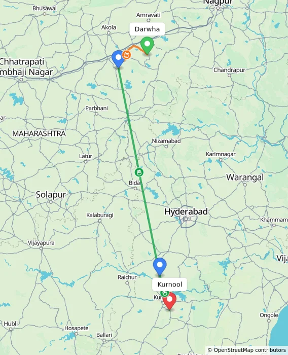 Route map showing distance and travel time from Darwha, India to Kurnool, India