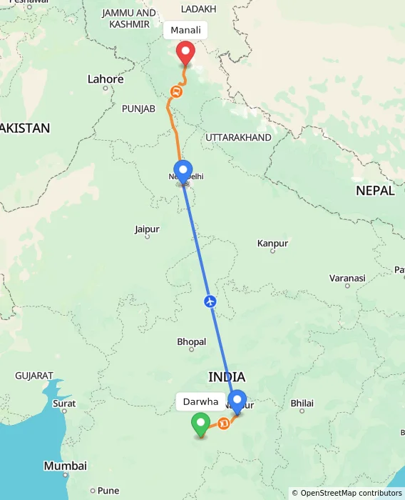 Route map showing distance and travel time from Darwha, India to Manali, India