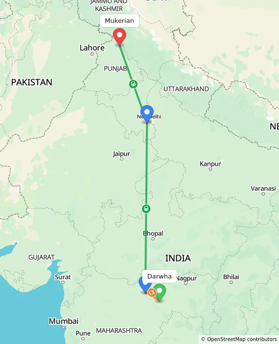 Route map showing distance and travel time from Darwha, India to Mukerian, India