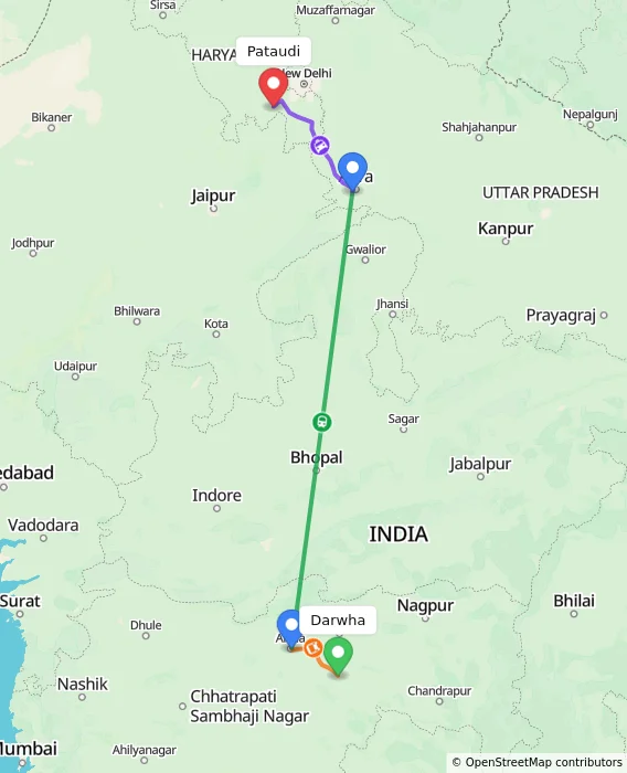 Route map showing distance and travel time from Darwha, India to Pataudi, India