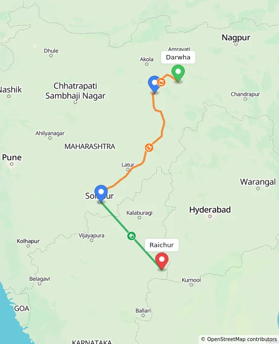 Route map showing distance and travel time from Darwha, India to Raichur, India