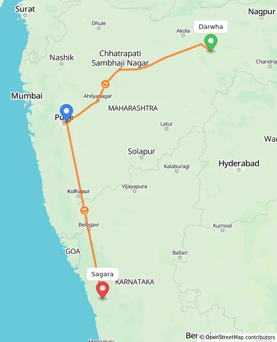 Route map showing distance and travel time from Darwha, India to Sagara, India