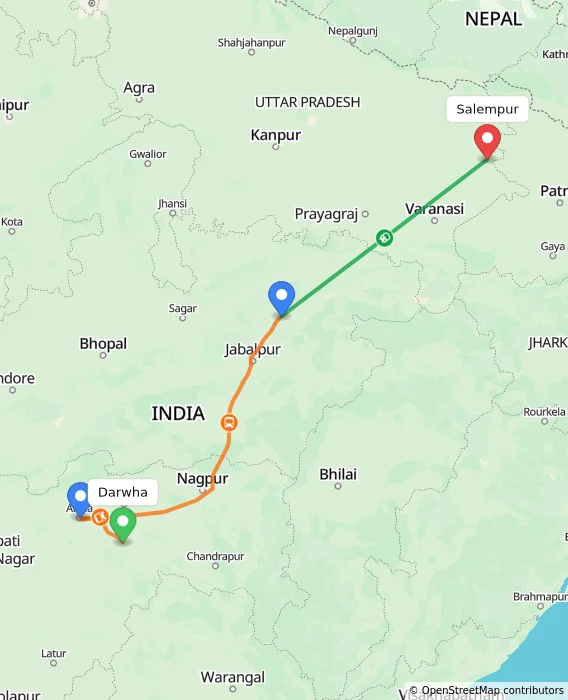 Route map showing distance and travel time from Darwha, India to Salempur, India