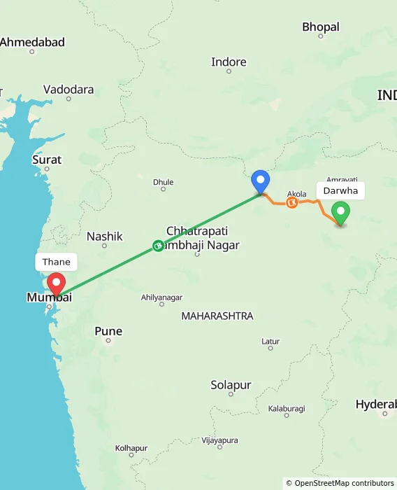 Route map showing distance and travel time from Darwha, India to Thane, India