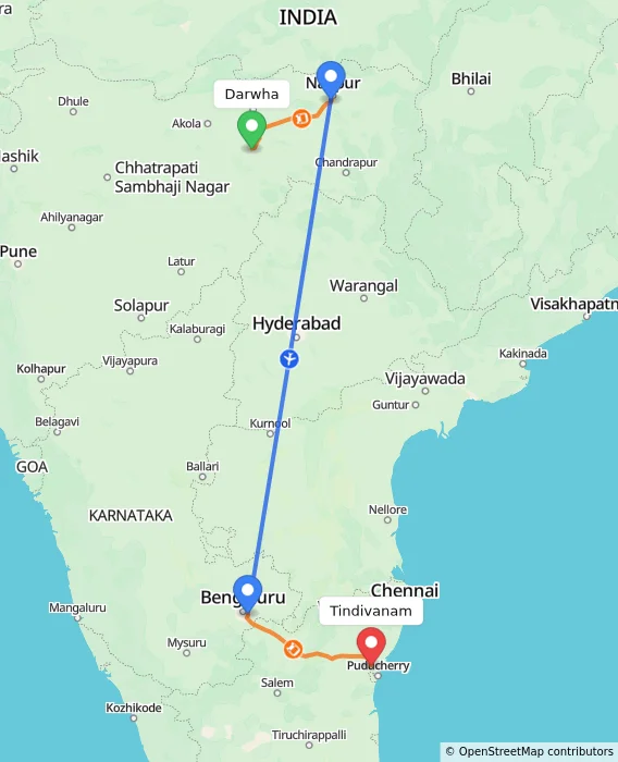Route map showing distance and travel time from Darwha, India to Tindivanam, India