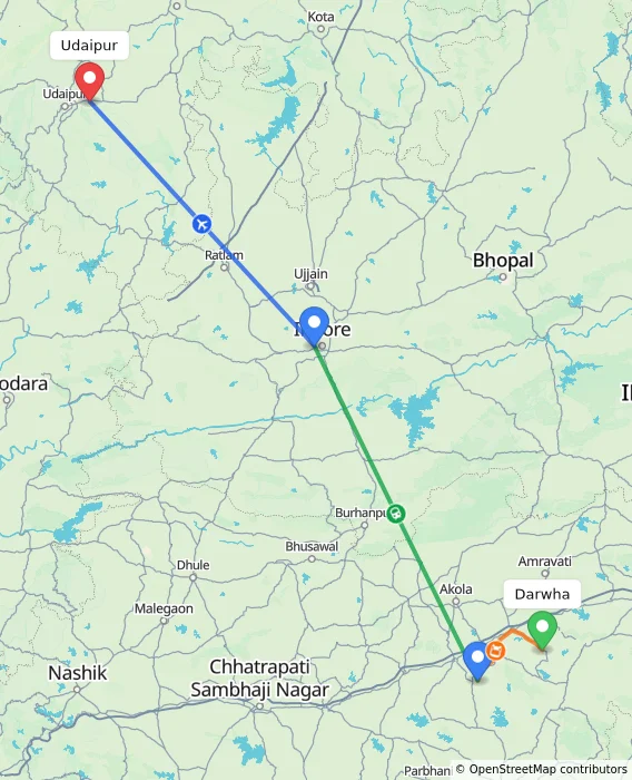 Route map showing distance and travel time from Darwha, India to Udaipur, India