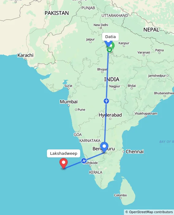Route map showing distance and travel time from Datia, India to Lakshadweep, India