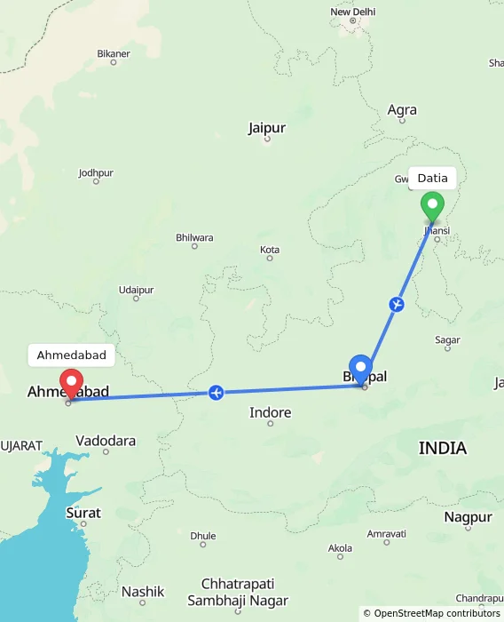 Route map showing distance and travel time from Datia, India to Ahmedabad, India